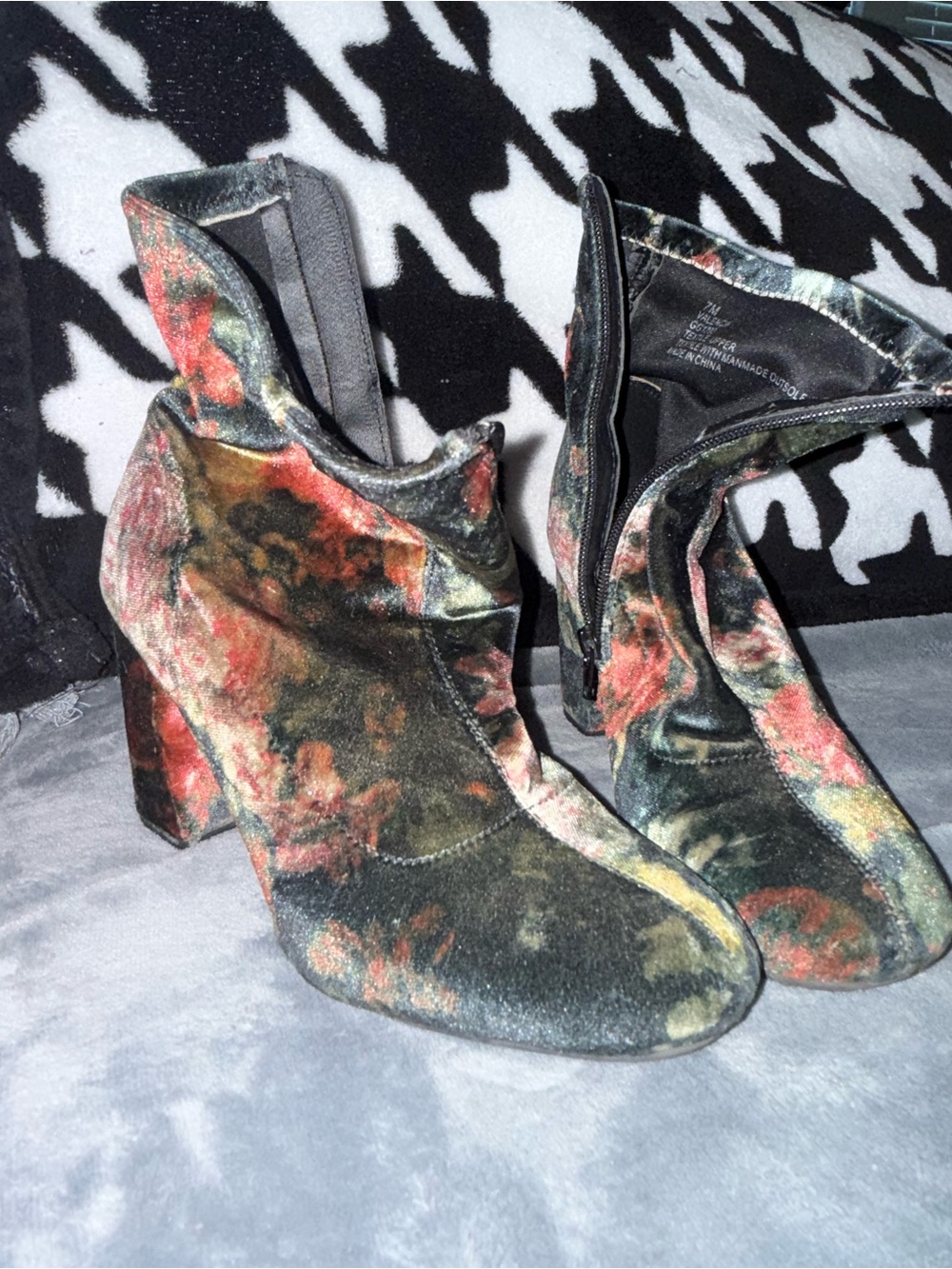 Floral Velvet Ankle Boots in Multicolor